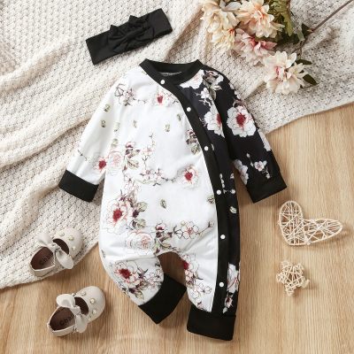 Baby Girl 2 Pieces Floral Pattern Long-sleeved Long-leg Romper & Headband