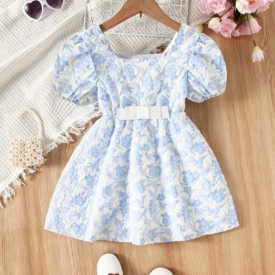 Elegantes Sommerkleid mit Puffärmeln, quadratischem Ausschnitt, Jacquard-Schleife an der Taille für kleine Mädchen