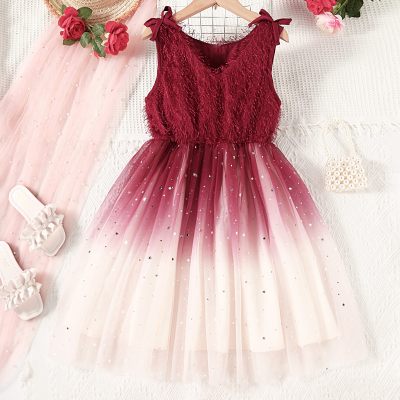 Girls Summer Gorgeous Elegant Bowknot Small V-neck Waist Sequin Gradient Mesh Dress