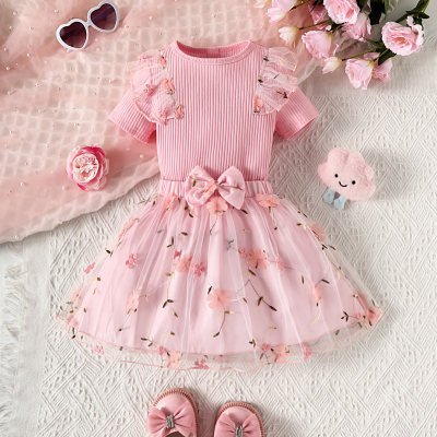 2-piece Toddler Girl Ribbed Floral Patchwork Short Sleeev Top & Mesh Patchwork Bowknot Decor Skirt