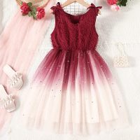 Vestido de malla degradada de lentejuelas con cintura con cuello en V pequeño y lazo elegante precioso de verano para niñas  rojo