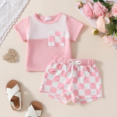 Infant and child casual loose summer pink and white color-blocked plaid front pocket T-shirt + shorts two-piece set
