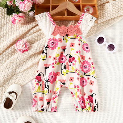 Baby Girl Floral Pattern Lace Ruffle Decor Sleeveless Boxer Romper