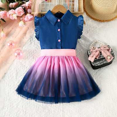 2-piece Toddler Girl Solid Color Sleeveless Shirt & Gradient Color Mesh Patchwork Skirt