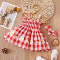 Summer pastoral plaid sweet style three-dimensional flower suspender dress + headscarf two-piece set for infants and young children  Red