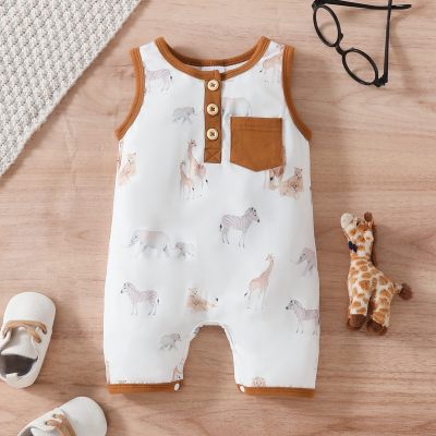 Combinaison d'été sans manches pour bébé, motif Animal, poche avant, bloc de couleurs
