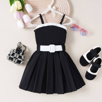 Little girl summer elegant solid color simple back collar contrast color suspender dress + belt two-piece set