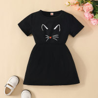 فستان بأكمام قصيرة مطبوعة على شكل قطة للفتيات الصغيرات  أسود