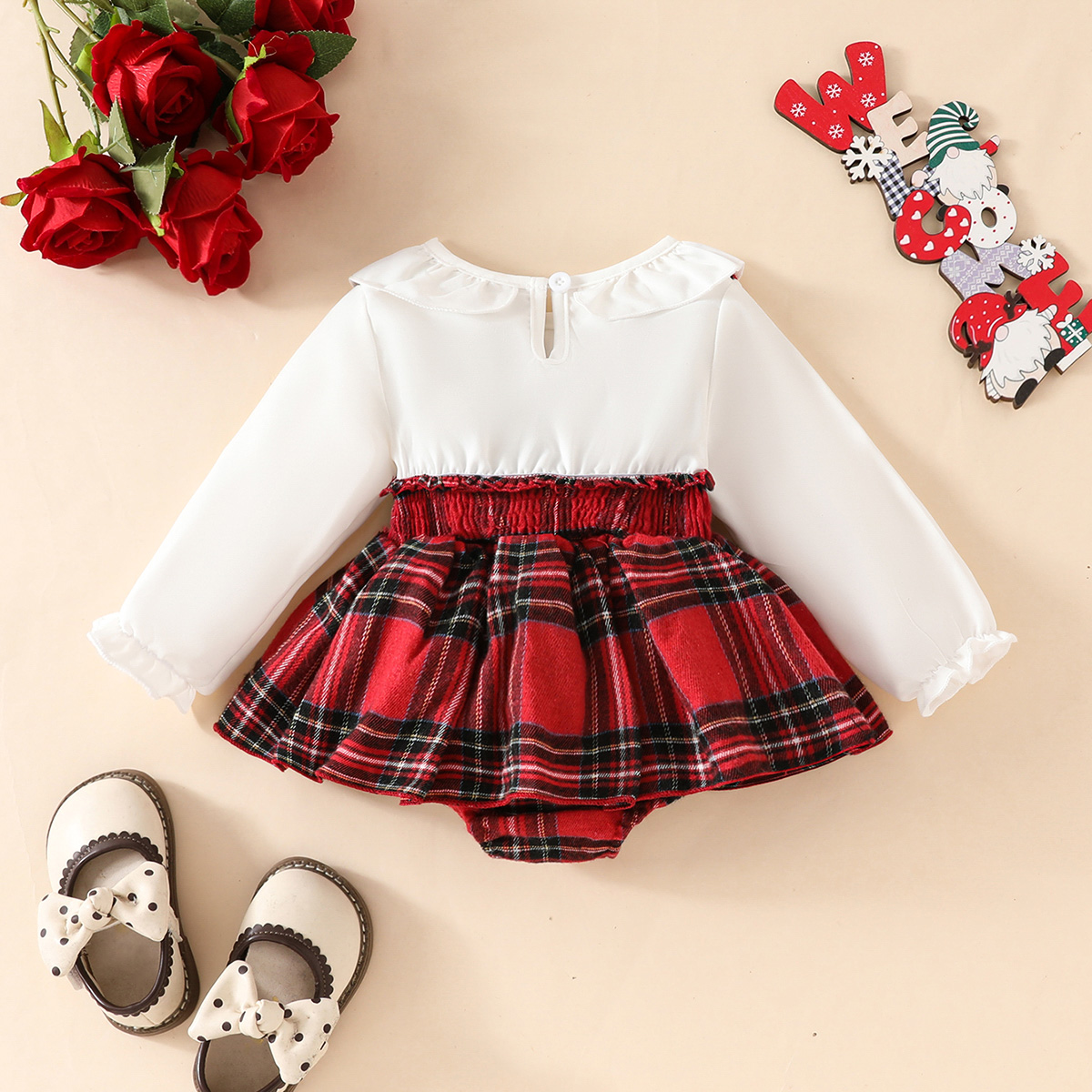 One piece romper with suspender skirt in preppy style featuring a Peter Pan collar Christmas design