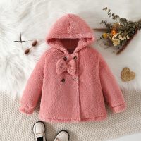 معطف قطيفة بغطاء للرأس مزين بعقدة على شكل فيونكة بلون سادة للفتيات الصغيرات  وردي 