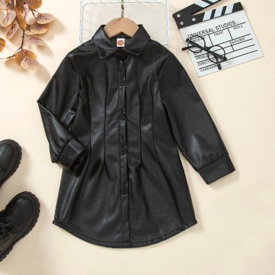 Toddler Girl Solid Color Shirt Collar Leather Dress