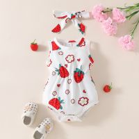 Bebé niña verano lindo fresa flor encaje costura sin mangas cintura triángulo mameluco + pañuelo conjunto de dos piezas  rojo
