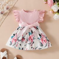 Baby Girls Summer Elegant Striped Floral Butterfly Sleeveless Dress + Belt Two-piece Set  Pink