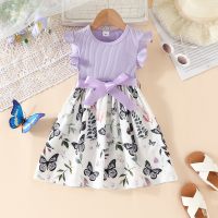 2-piece Toddler Girl Butterfly Printed Patchwork Sleeveless Dress & Belt  Purple