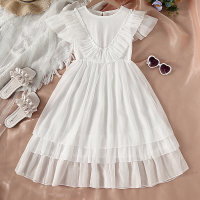 Vestido elegante de verano para niñas, vacaciones, color sólido, sencillo, con volantes, manga voladora, cintura, cuello redondo  Blanco