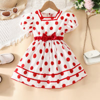 Toddler Girl Polka Dotted Square Neck Short Puff Sleeve Dress  Red