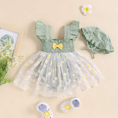 Baby Girl Floral Ruffle Sleeve Smocking Tulle Dress With Hat