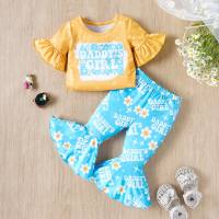 Summer casual DADDY GIRL letter polka dot print trumpet sleeve top + flower star bell-bottom pants two-piece set for infants and toddlers  Yellow