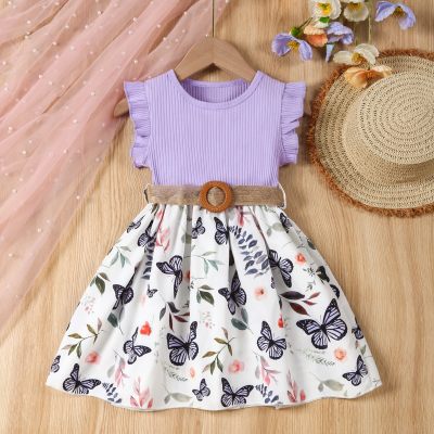 Girl's Butterfly Flower Print Purple Hollow Resort Style Dress + Woven Belt Two-piece Set
