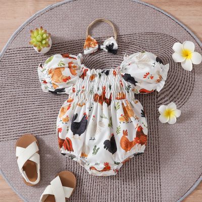 Baby Girls Summer Cute Farm Hen Puff Sleeve Square Neck Triangle Romper + Headscarf Two-piece Set