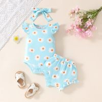 Summer cute daisy-printed flying-sleeve triangle hoodie + ruffled briefs + headscarf three-piece set for babies and girls in summer  Blue