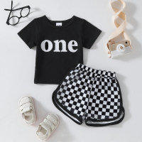 Baby summer casual ONE letter printed T-shirt top + black and white plaid side slit shorts two-piece set  Black