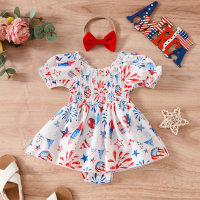 Baby Mädchen Sommer süße Flagge Element Puffärmel Dreieck Strampler Kleid + Kopftuch zweiteiliges Set  Weiß