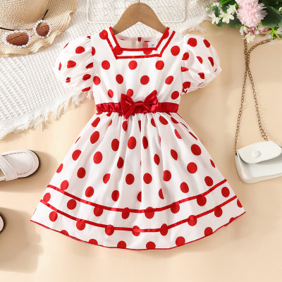 Gepunktetes Kleid für Kleinkinder und Mädchen mit quadratischem Ausschnitt und kurzen Puffärmeln