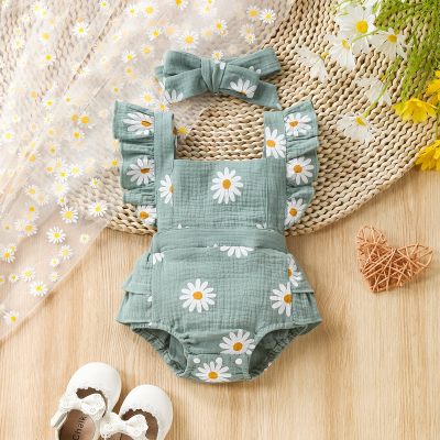 Baby girl's summer cute and fresh daisy print ruffled suspender triangle hoodie + headscarf two-piece set