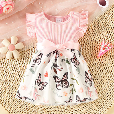 2-piece Baby Girl Butterfly Printed Patchwork Ruffled Sleeve Dress & Bowknot Belt