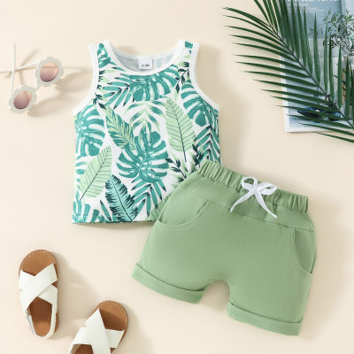 Baby boy and child vacation beach tropical plant leaves all-printed vest top + solid color casual shorts two-piece set