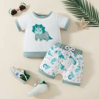 Camiseta deportiva informal con parche de dinosaurio para bebé y niño, camiseta con bloques de color bordado, pantalones cortos con letras de dinosaurio y bolsillos  Verde