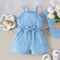 Summer baby girl's ribbed simple pocket bow suspender shorts  Blue