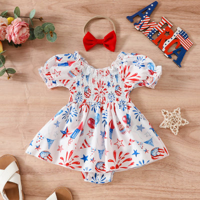 Baby girl summer cute flag element puff sleeve triangle romper dress + headscarf two-piece set