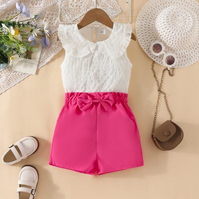 2-piece Toddler Girl Solid Color Lapel Sleeveless Blouse & Matching Shorts