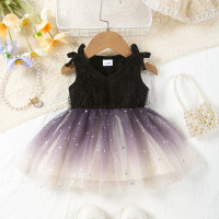 Precioso vestido romántico sin mangas con lazo de malla degradada y lentejuelas para bebés y niños pequeños  Negro