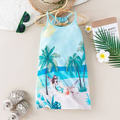 Vestido de verão com suspensório para meninas, férias na praia e fivela nas costas