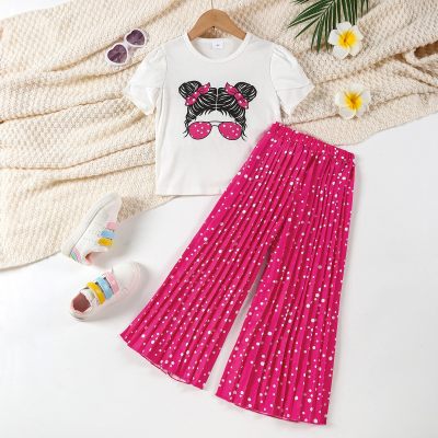Lunettes de soleil pour enfants, T-shirt imprimé à manches bouffantes + pantalon plissé à pois, ensemble deux pièces pour filles