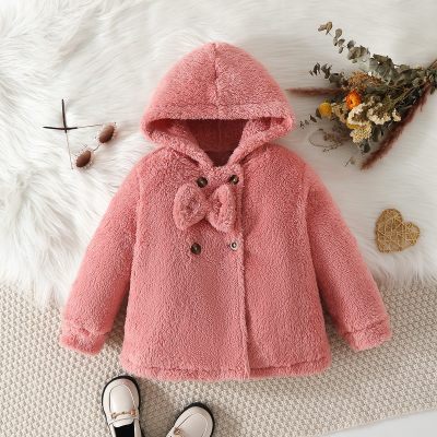 Toddler Girl Solid Color Bowknot Decor Hooded Button-up Plush Coat