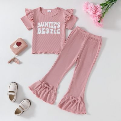 Summer sweet striped letter printed small flying sleeve top + bowknot flared pants two-piece set for little girls