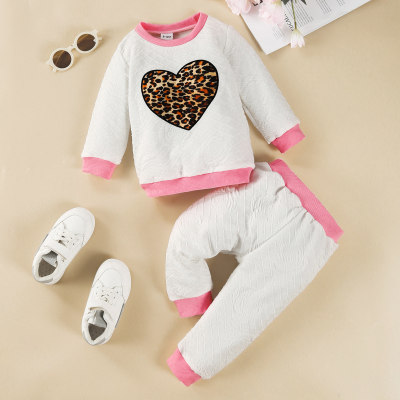Bebé niña 2 piezas suéter y pantalones con estampado floral en forma de corazón de leopardo