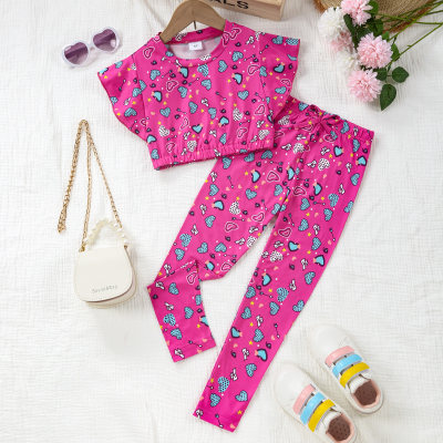 Children's love star cartoon all over printed pattern small flying sleeve short top + same style trousers two-piece set