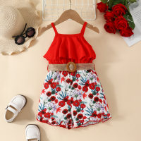 2-piece Baby Girl Floral Patchwork Sleeveless Boxer Romper & Belt  Red