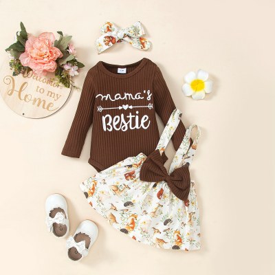 2-piece Baby Girl Ribbed Letter Pattern Long Sleeve Romper & Floral Bowknot Decor Suspender Dress