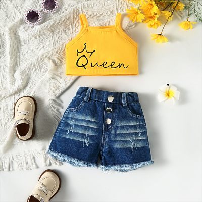 Little girl's summer casual letter printed halter top + denim shorts two-piece set