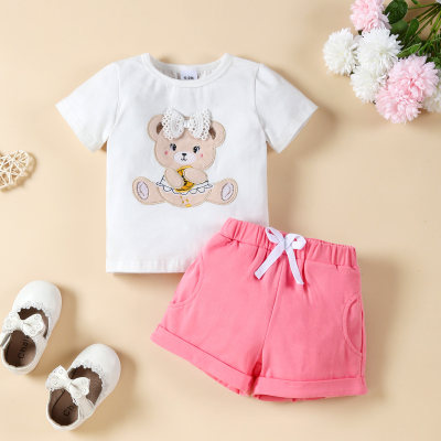T-shirt à manches courtes + short de couleur unie, ensemble deux pièces avec patch brodé pour bébé fille et enfant, ours ragdoll mignon avec nœud en dentelle