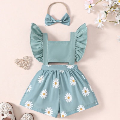 Baby summer cute fresh daisy ruffles buckle suspender jumpsuit shorts + headscarf two-piece set