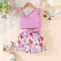 3-piece Toddler Girl Solid Color Dew Shoulder Vest & Allover Floral Shorts & Bowknot Belt  Purple