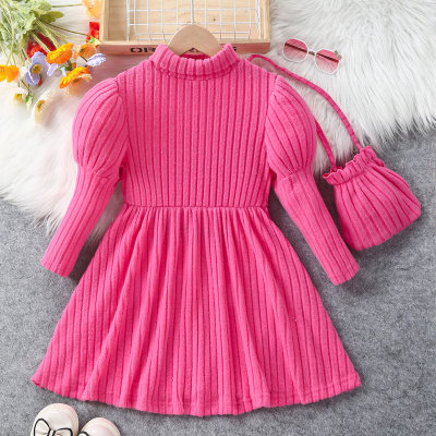 2-Piece Toddler Girl Ribbed Turtleneck Leg-of-mutton Long Sleeve Dress With Bag