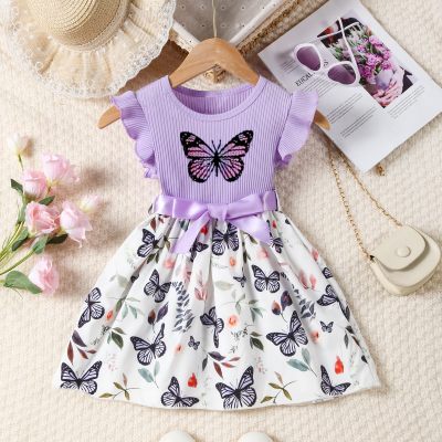 Vestido sin mangas y cinturón de patchwork con estampado de mariposas para niñas pequeñas de 2 piezas